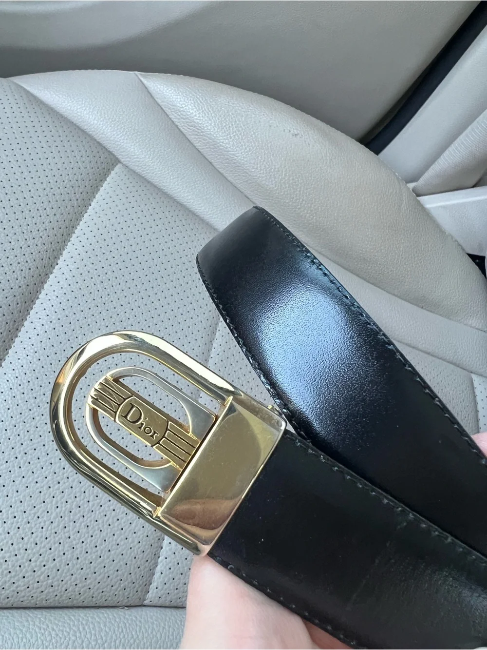 Vintage Christin Dior Black Leather Belt with Gold Silver Signature Buckle